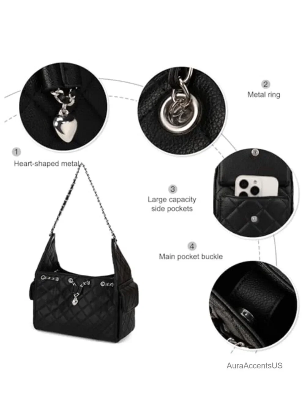 Quilted Vegan Leather Hobo Purse with Chain Strap Magnetic Closure